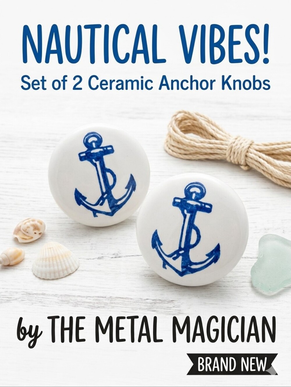 The Metal Magician Blue Nautical Anchor Ceramic Knobs Set of 2 Brand New